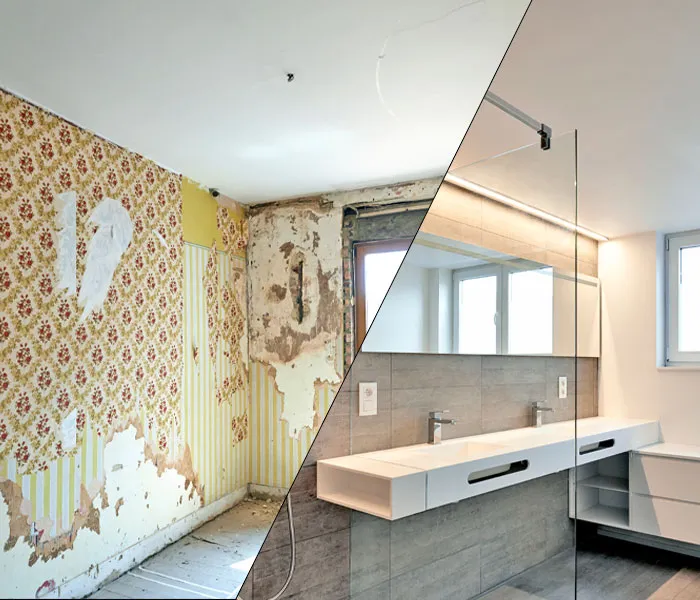 Split image of a bathroom showing a worn-down wall with peeling wallpaper on the left and a modern, renovated bathroom on the right.