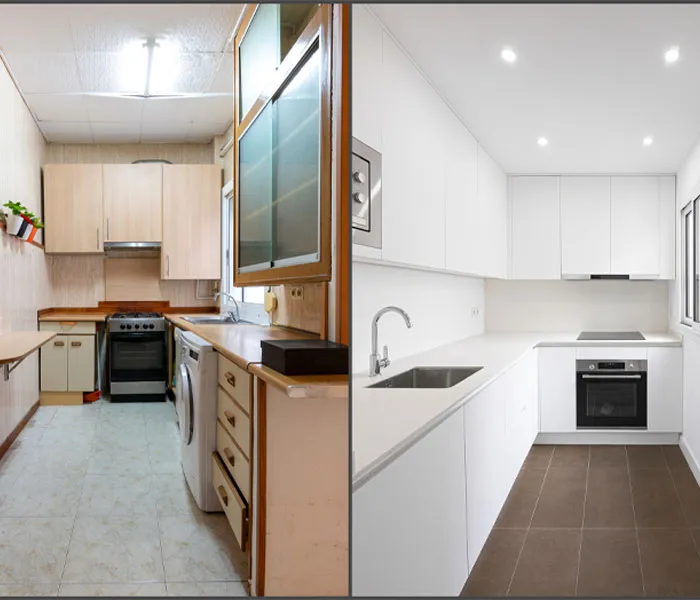 Before and after comparison of a kitchen renovation. The outdated kitchen on the left is transformed into a modern, bright kitchen on the right.